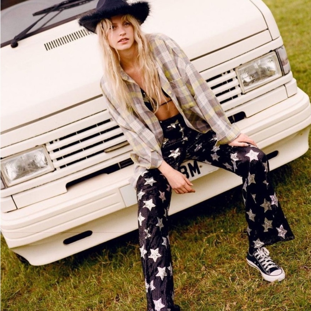 Nasty Gal Star Sequin Black and Silver High Waisted Flare Eras Tour Pants Size 2